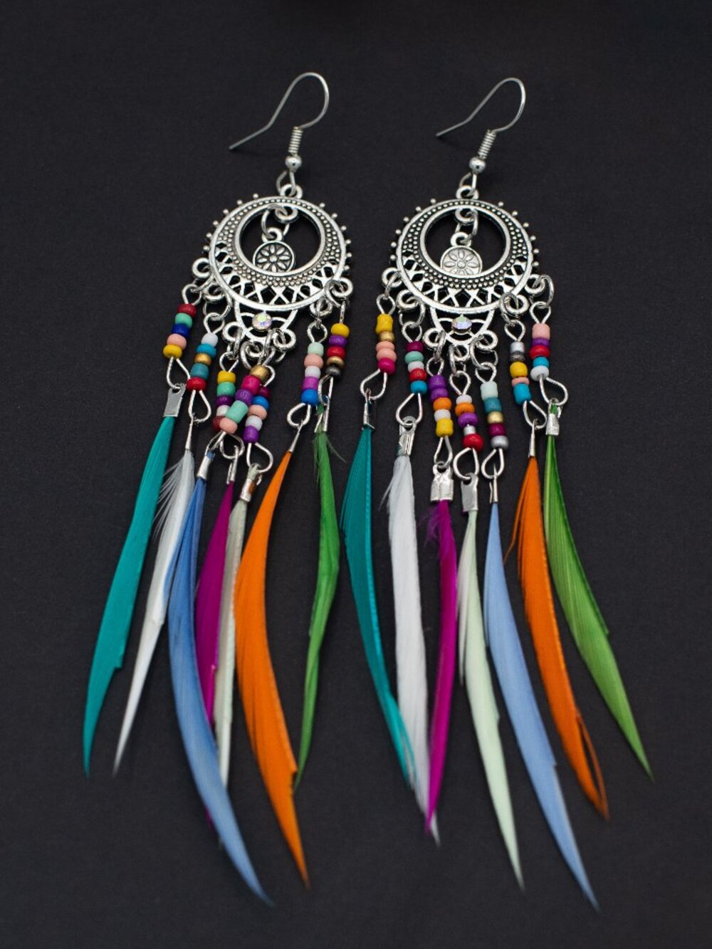 Silver Boho Dreamcatcher Dangle Drop Earrings Festival Western Tribal Jewelry